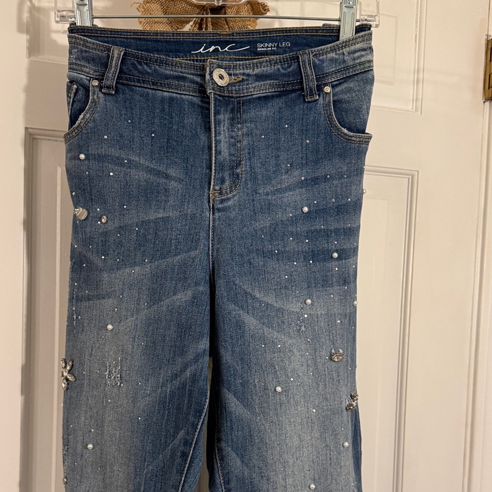 INC International Concepts Blue Embellished Skinny Jeans - Picture 5 of 10